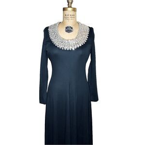 Vintage 70s Bernie Bee Long Black Dress with silver sequin neckline Size 2 NWT